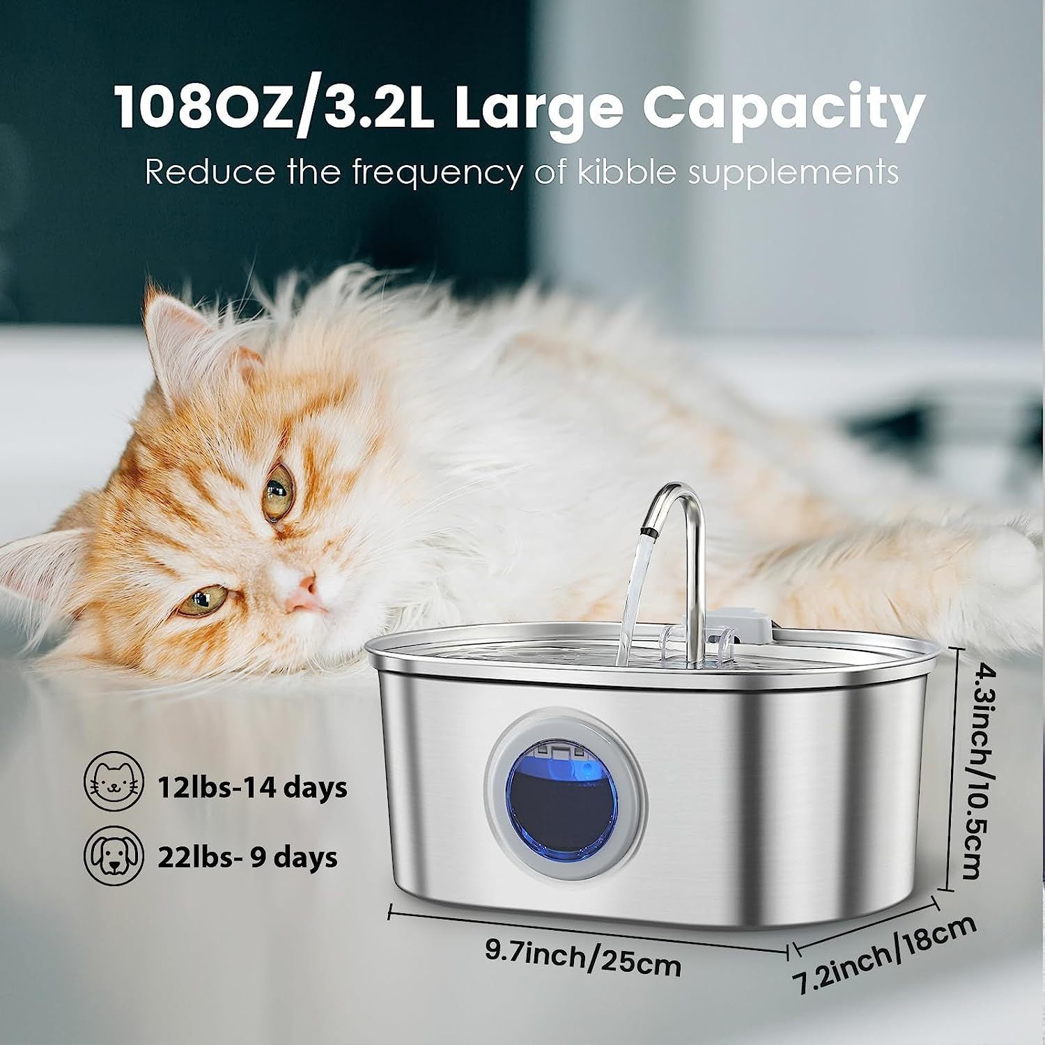 Distributeur d'eau en acier inoxydable pour animaux avec un chat assis à côté, capacité de 3.2L.