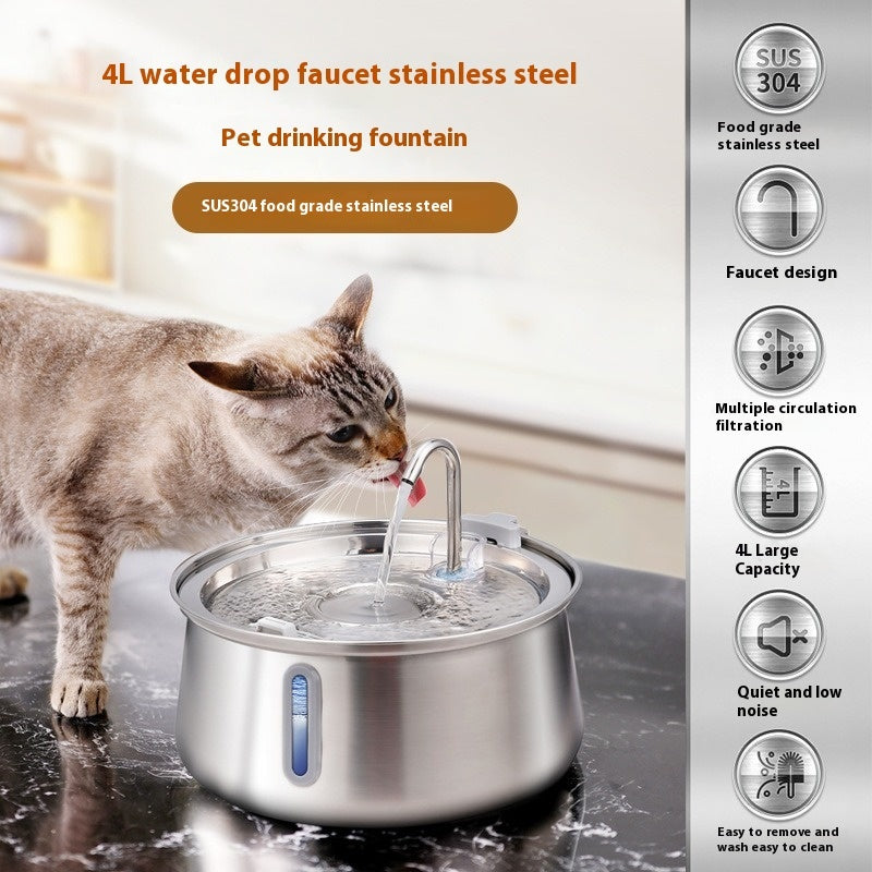 Distributeur d'eau en acier inoxydable de 4L avec un chat buvant, idéal pour animaux de compagnie et accessoires pour animaux.