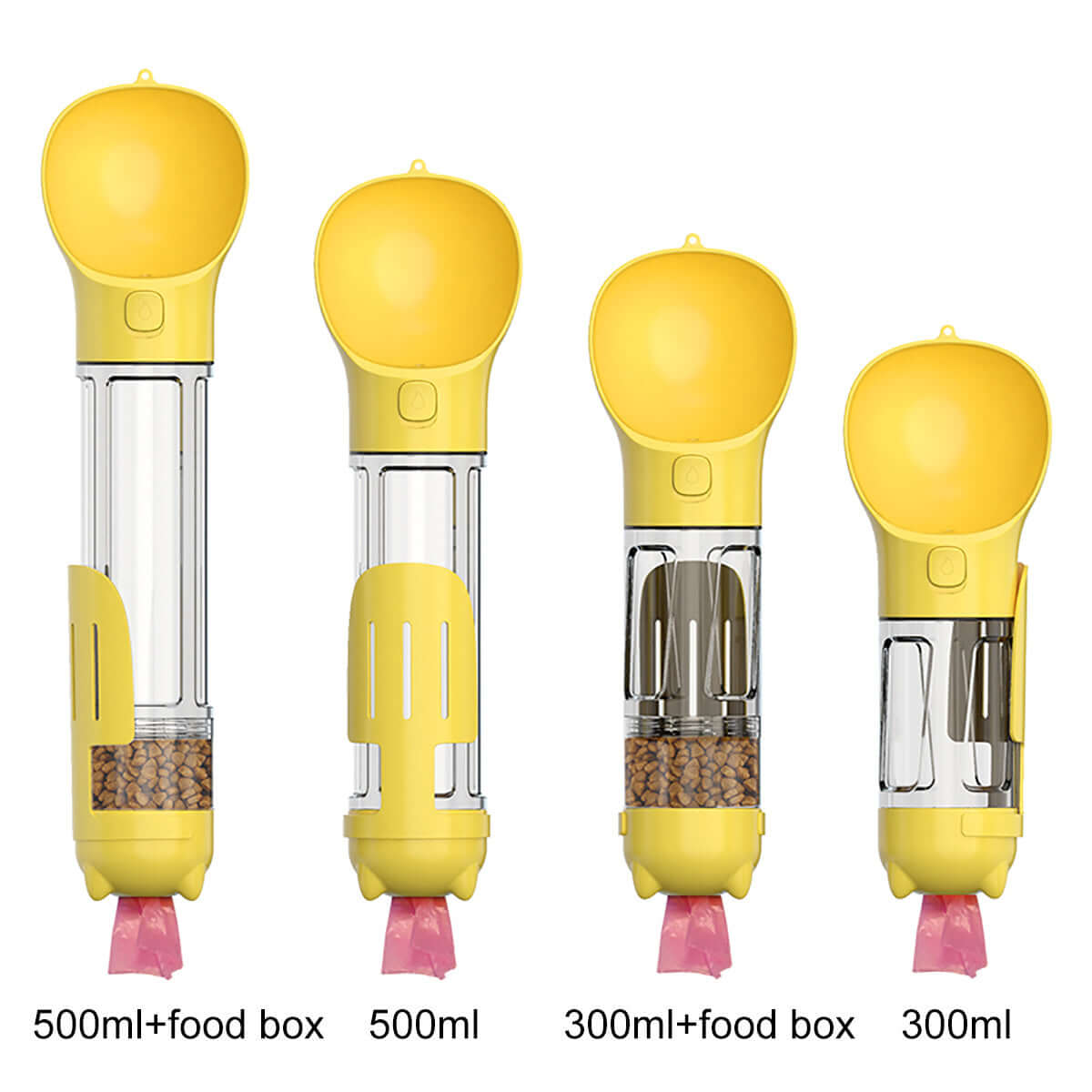 Bouteille d'eau multifonctionnelle pour animaux avec compartiment alimentaire, disponible en plusieurs tailles.