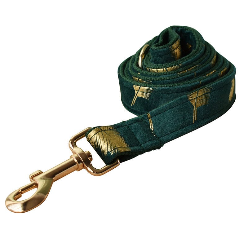 Laisse en coton émeraude avec motif plume doré, parfaite pour chien, accessoire tendance et confortable.