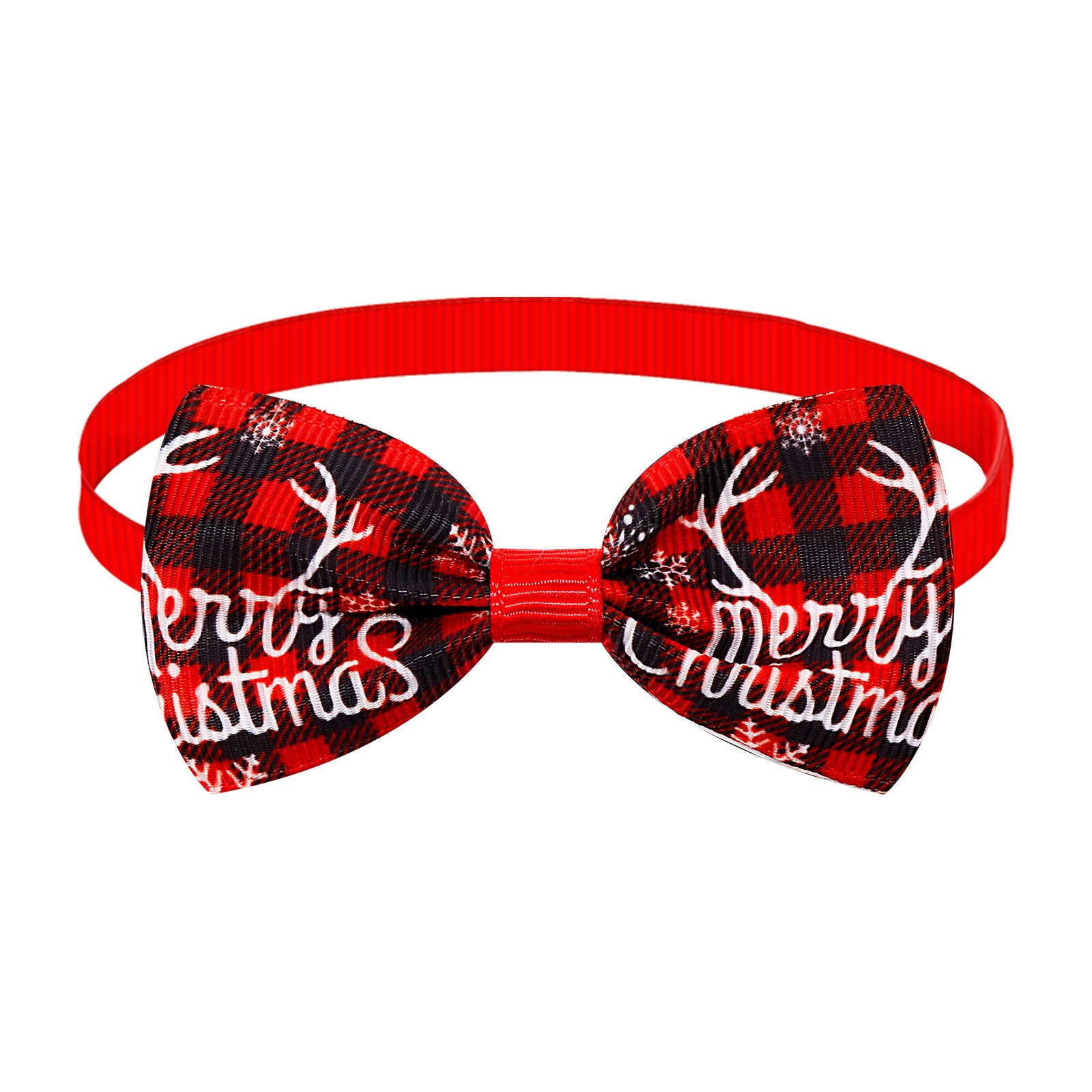 Nœud papillon à rayures plaid de Noël pour chien et chat avec inscription 'Merry Christmas' et élastique rouge.