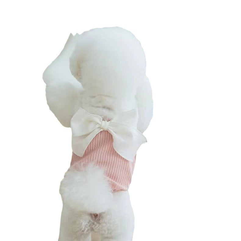 Chien mignon en salopette d'été rose avec nœud, parfait pour les promenades estivales.