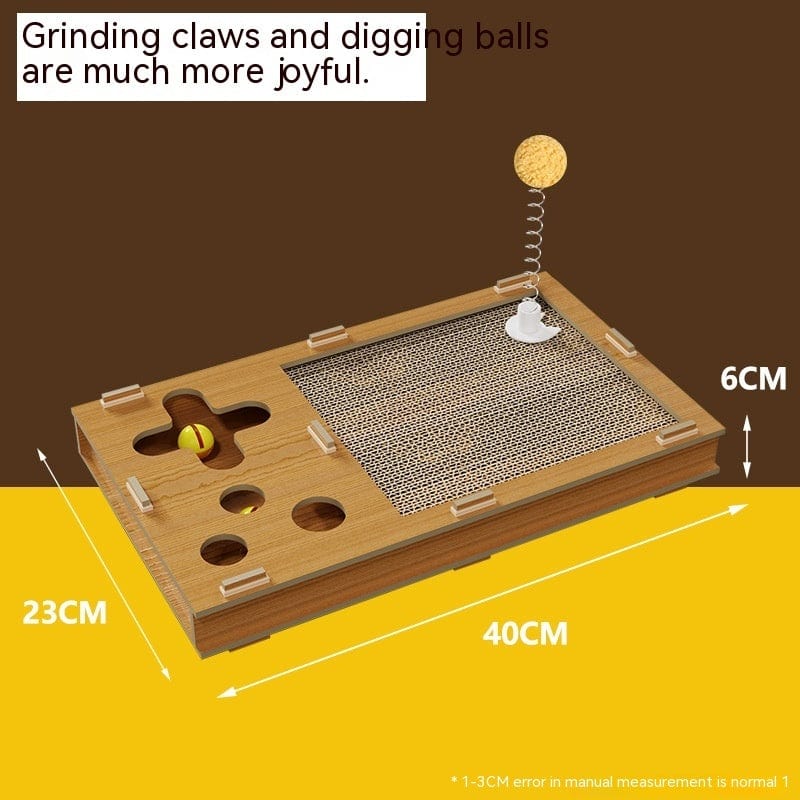 Planche à gratter pour chats en papier ondulé avec balle interactive, dimensions 40x23 cm.