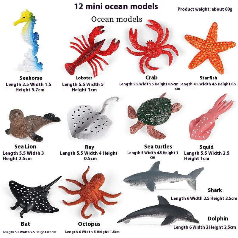 12 mini ocean models including seahorse, lobster, crab, starfish for educational play and cognitive development.