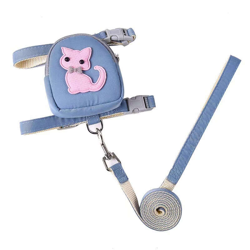 Sac à dos pour animaux en coton biologique avec harnais et laisse pour chat, couleur bleu, motif de chat.