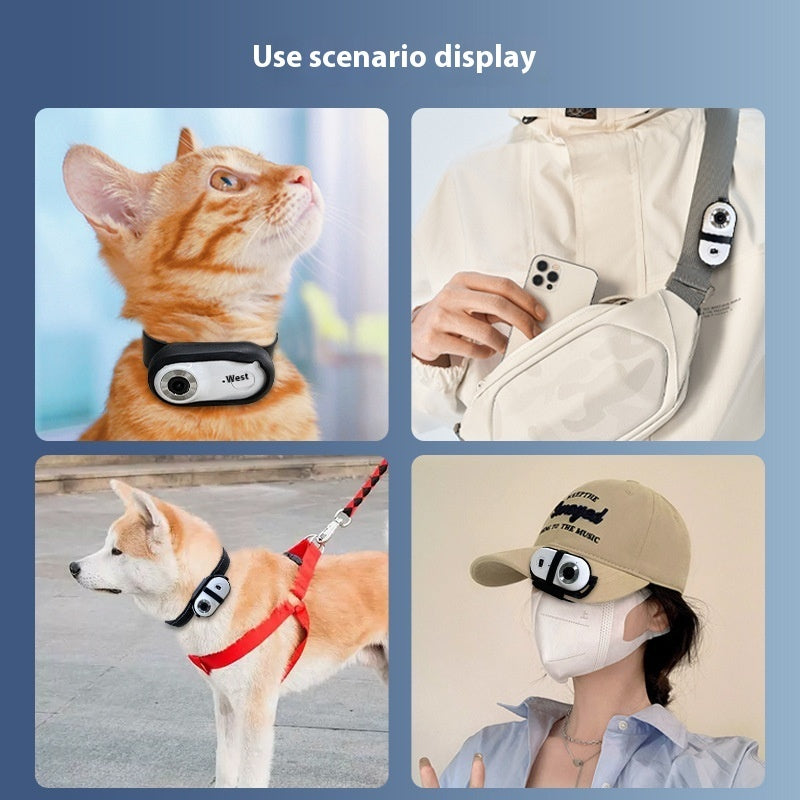 Mini HD camera for pets shown on a cat and dog, showcasing its compact design and use with collars and accessories.