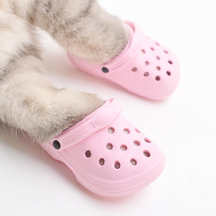 Pattes de chat portant des chaussures d'été roses, alliant style et confort pour animaux.