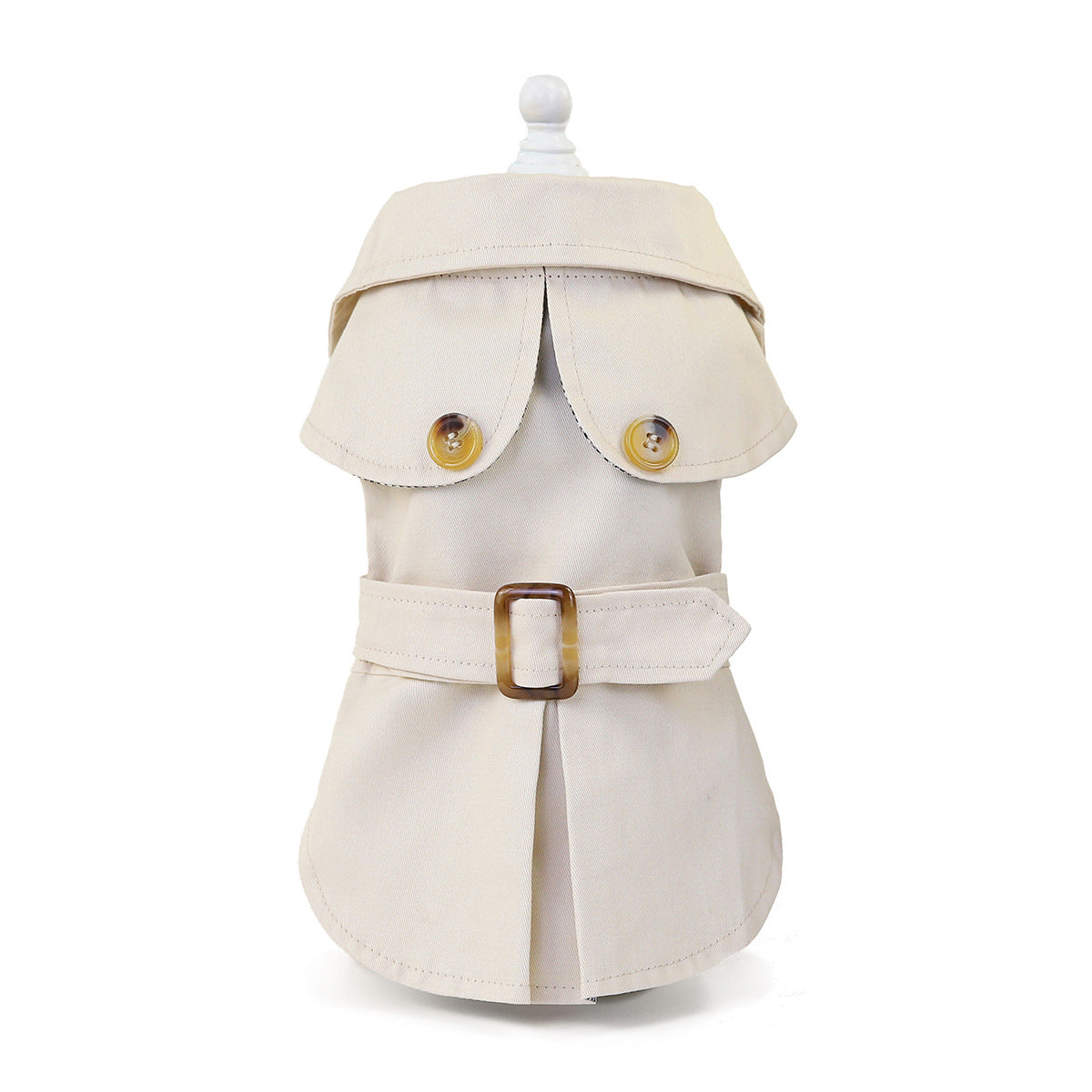 Veste coupe-vent beige pour chien avec col et ceinture, idéale pour l'automne et l'hiver.