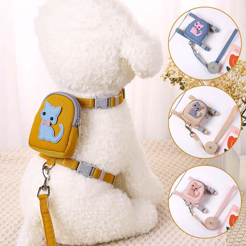 Sac à dos pour animaux avec harnais et laisse, design mignon pour chats et chiens, disponible en différentes couleurs.