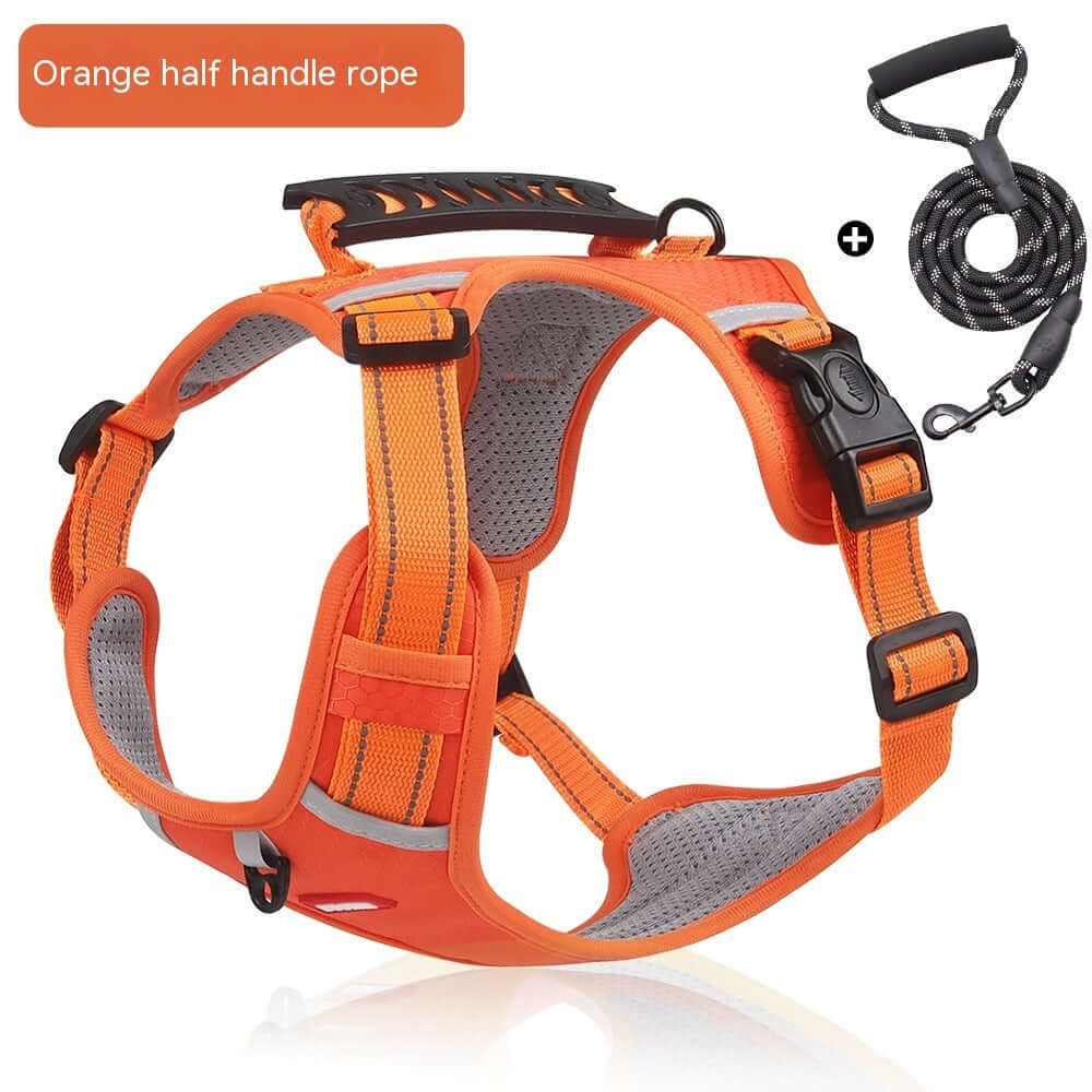 Harnais de sécurité orange pour animaux avec corde réfléchissante et poignée demi, confortable et pratique.