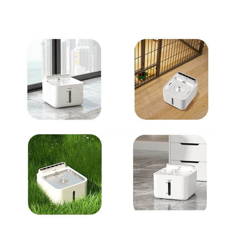 Distributeur d'eau sans fil pour chats et chiens en différentes ambiances domestiques.