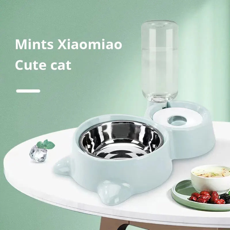 Distributeur automatique d'eau et de nourriture pour animaux en couleur pastel avec bol en acier inoxydable.