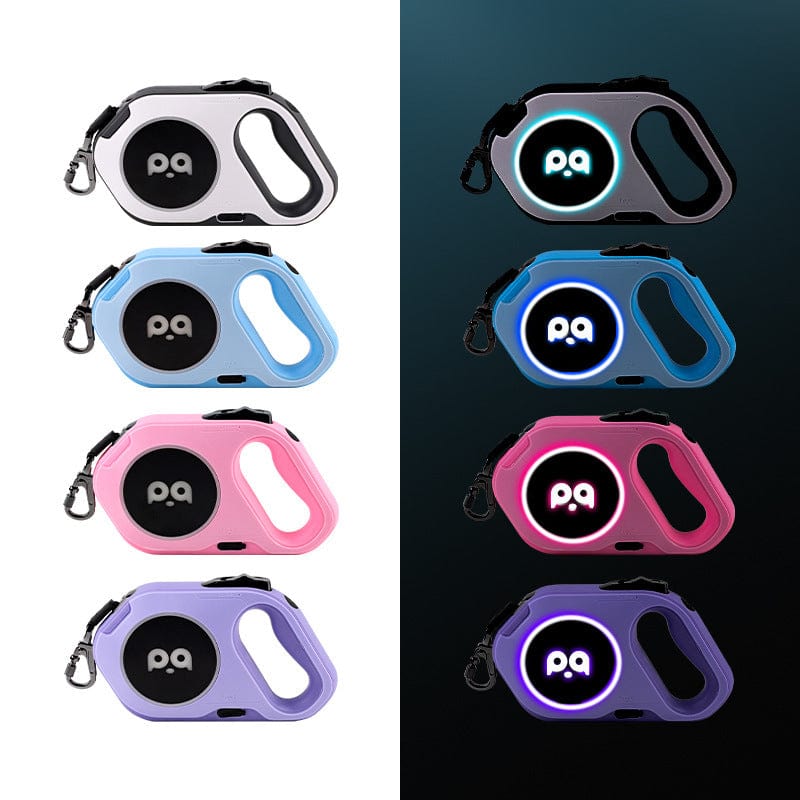 Laisse à chien LED rétractable automatique en plusieurs couleurs : bleu, rose, violet, blanc et noir.