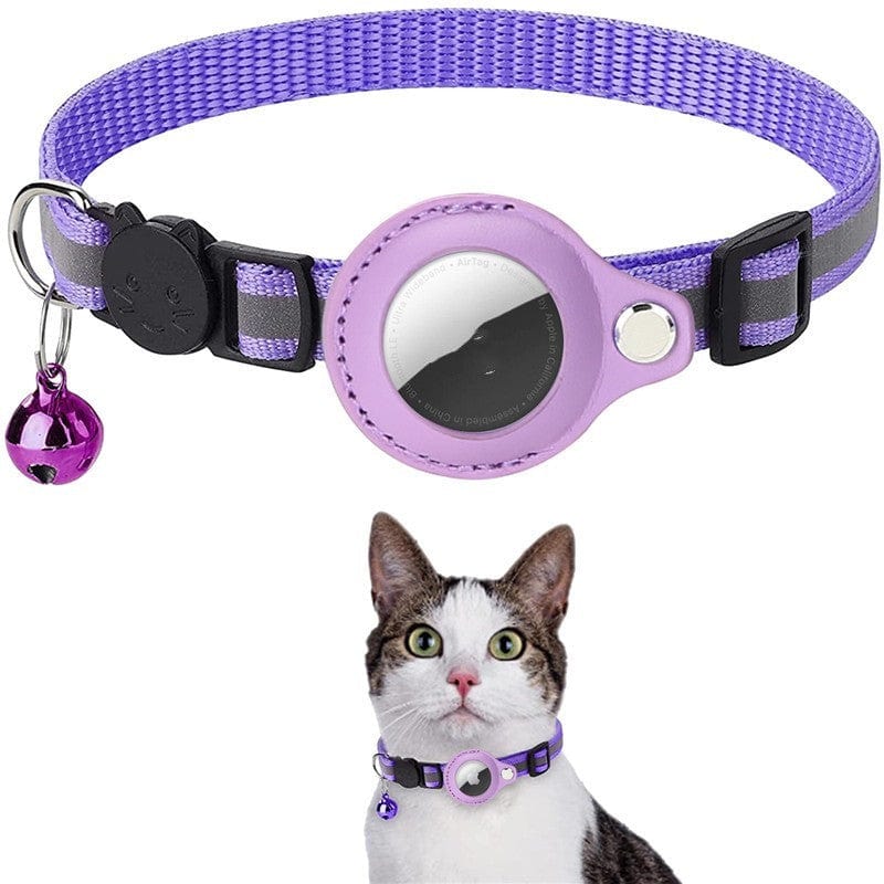 Collier pour animaux violet avec cloche et Airtag, parfait pour la sécurité des chats et des chiens.