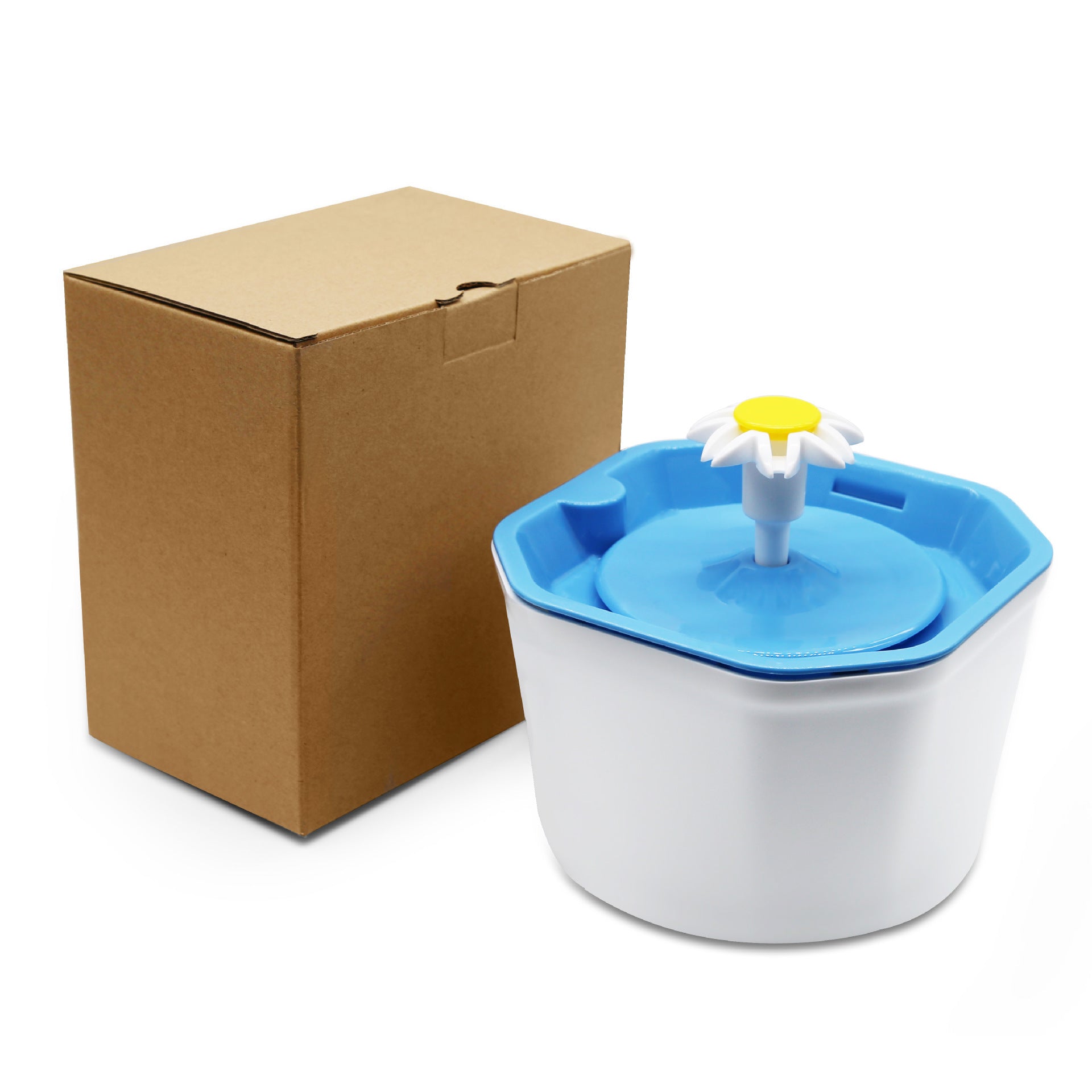 Fontaine à eau automatique pour animaux avec couvercle bleu et fleur, emballage en carton.