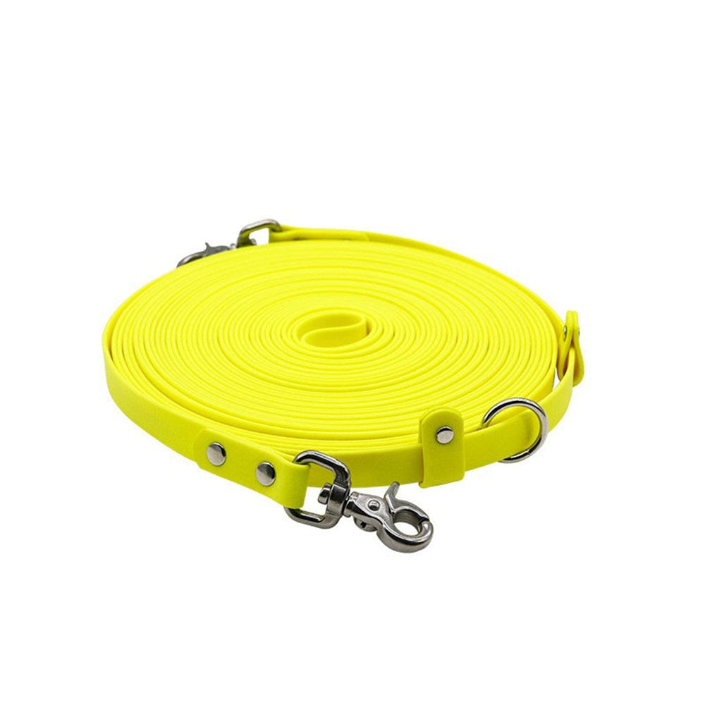 Laisse de traction double end étanche et résistante pour chiens, couleur jaune, idéale pour les promenades en extérieur.