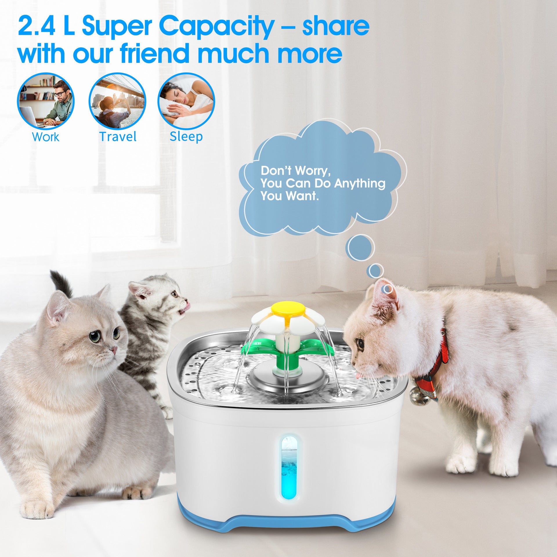 Distributeur d'eau pour animaux de compagnie avec 2.4L de capacité, utilisé par des chats dans un intérieur moderne.