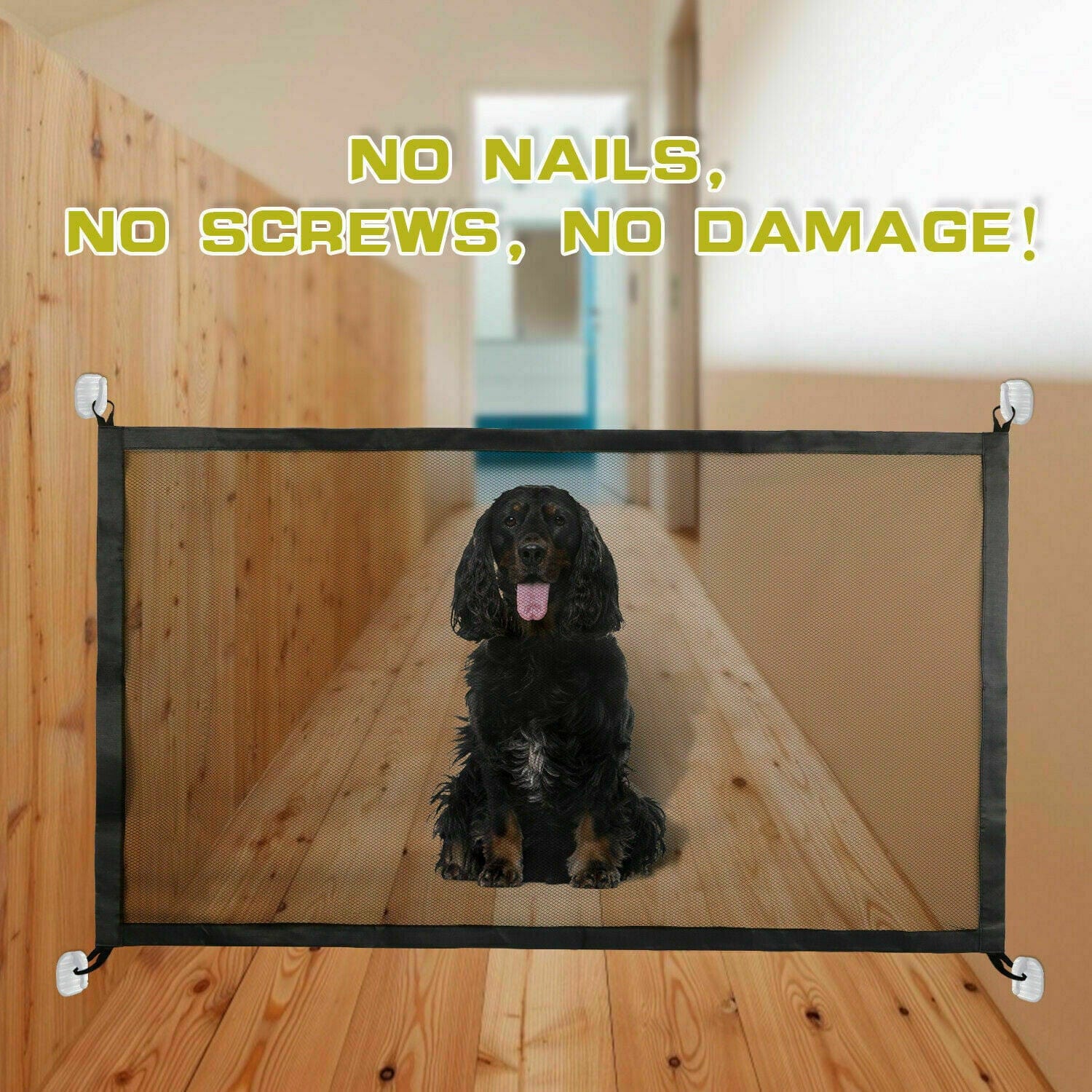 Barrière de sécurité portable pour chiens sans clous ni vis, protégeant les animaux à l'intérieur.