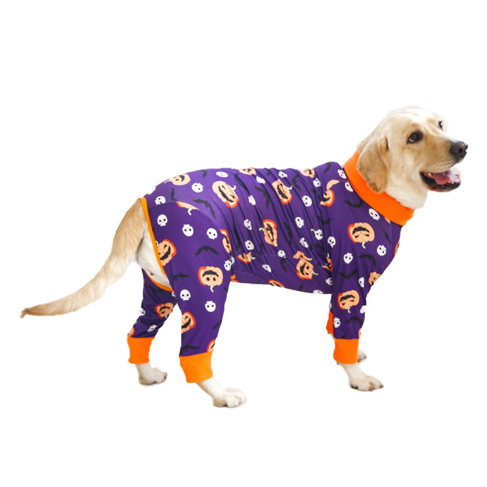 Chien en costume d'Halloween en coton violet avec motifs amusants, parfait pour le style et le confort.