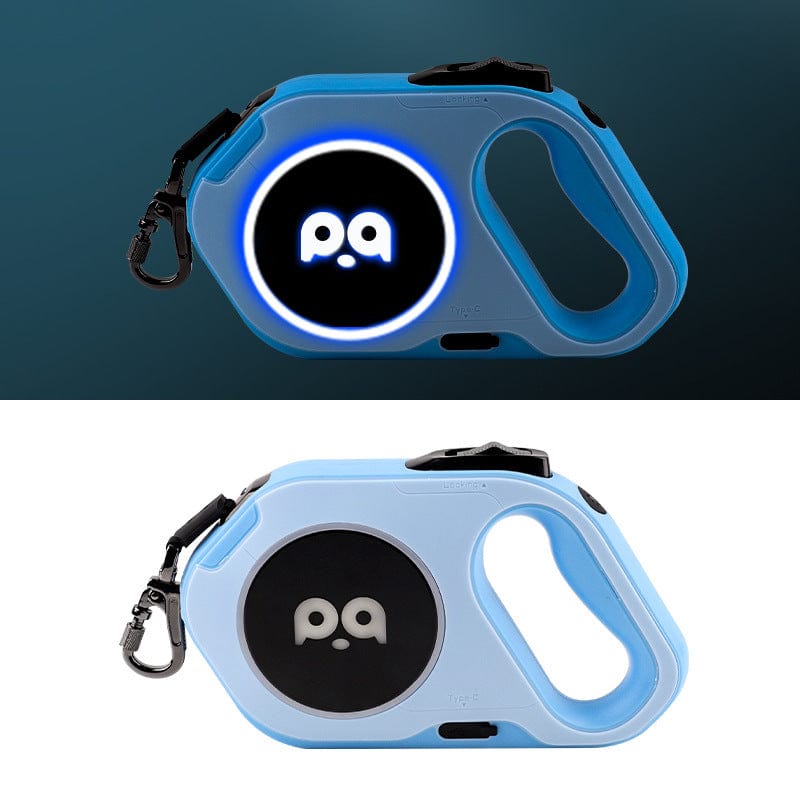 Laisse à chien LED rétractable automatique, en bleu, avec lumière intégrée pour sécurité nocturne.