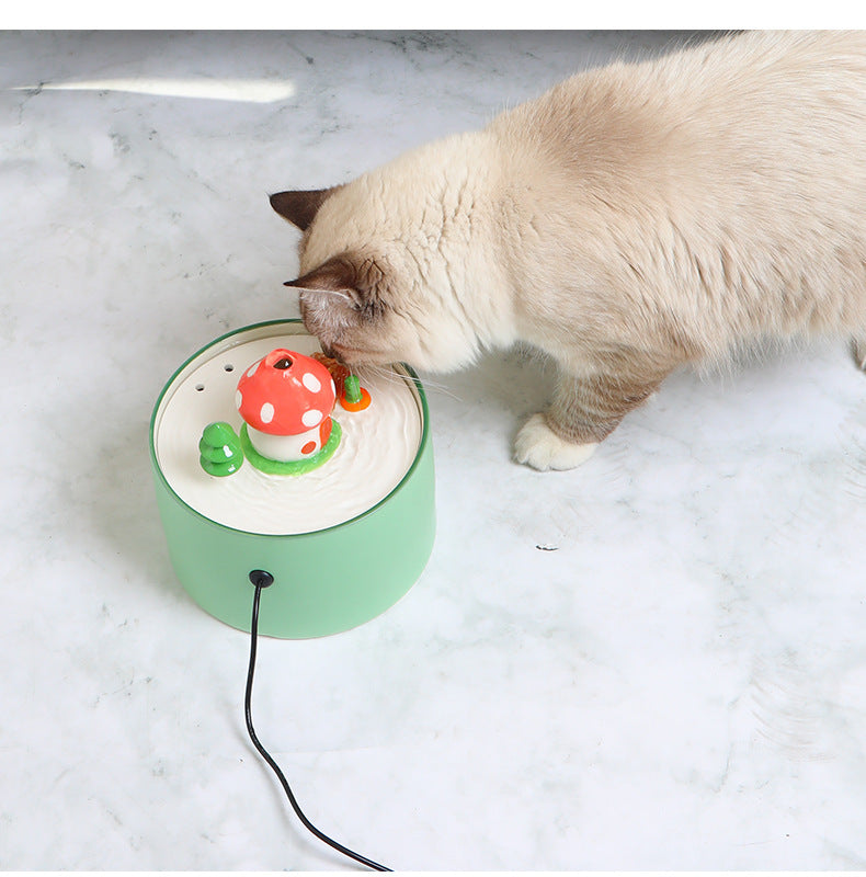 Chat interagissant avec une fontaine à eau électrique en céramique pour animaux, style esthétique et fonctionnel.