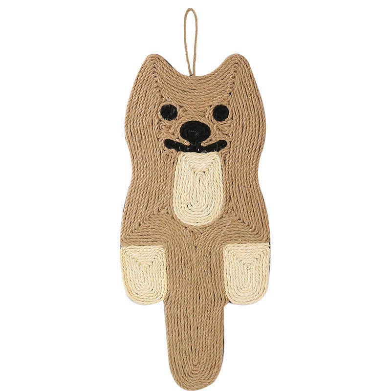 Planche à griffer suspendue en sisal résistante pour chats, avec design amusant en forme de chat.