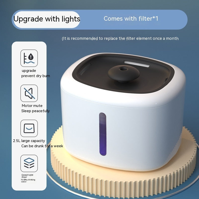 Distributeur d'eau intelligent pour animaux, avec éclairage et filtre, capacité de 2,5L.