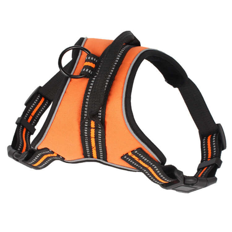 Harnais orange pour chiens moyens à grands, conçu pour le confort et la sécurité lors des promenades.