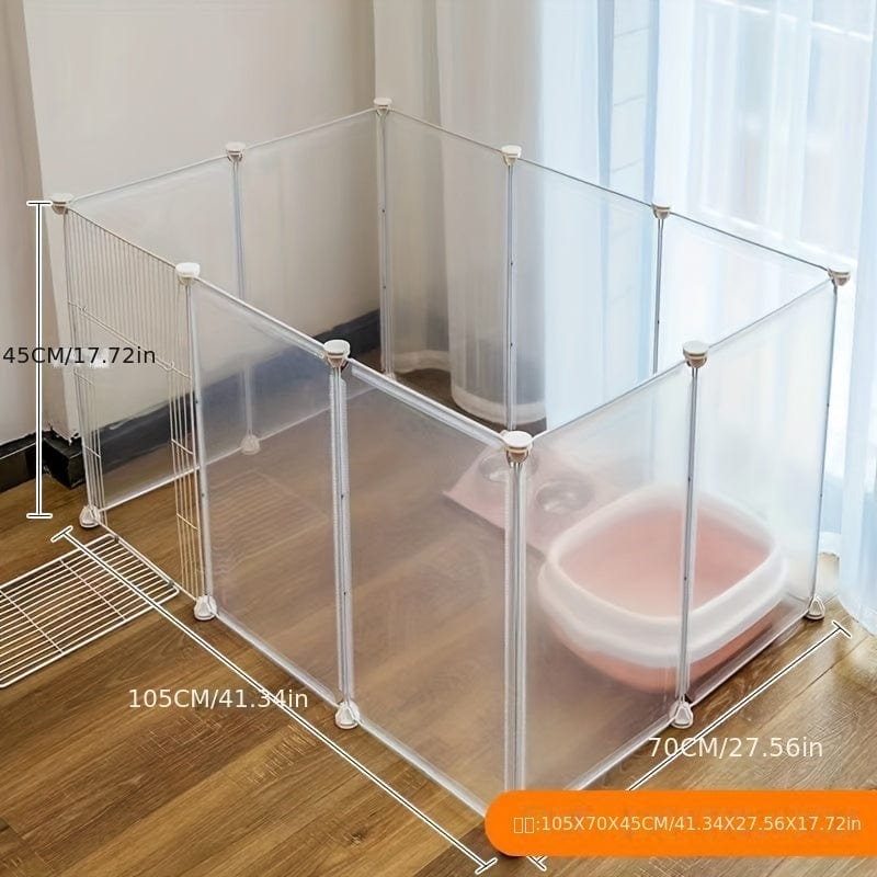 Cage intérieure transparente pour chien, sécurisée, adaptée aux petits animaux, dimensions indiquées.
