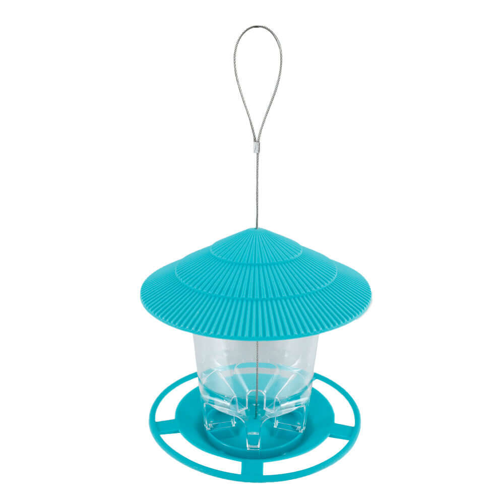 Feeder à oiseaux suspendu en métal turquoise, parfait pour attirer les oiseaux dans votre jardin.