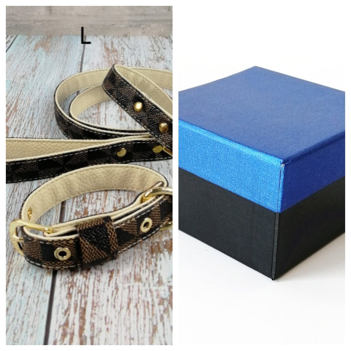 Collier pour chien en cuir à motif écossais et boîte de rangement élégante.