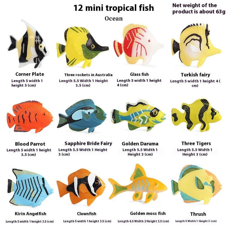12 mini fish toys including Corner Plate, Blood Parrot, and Clownfish, ideal for educational play and imagination.