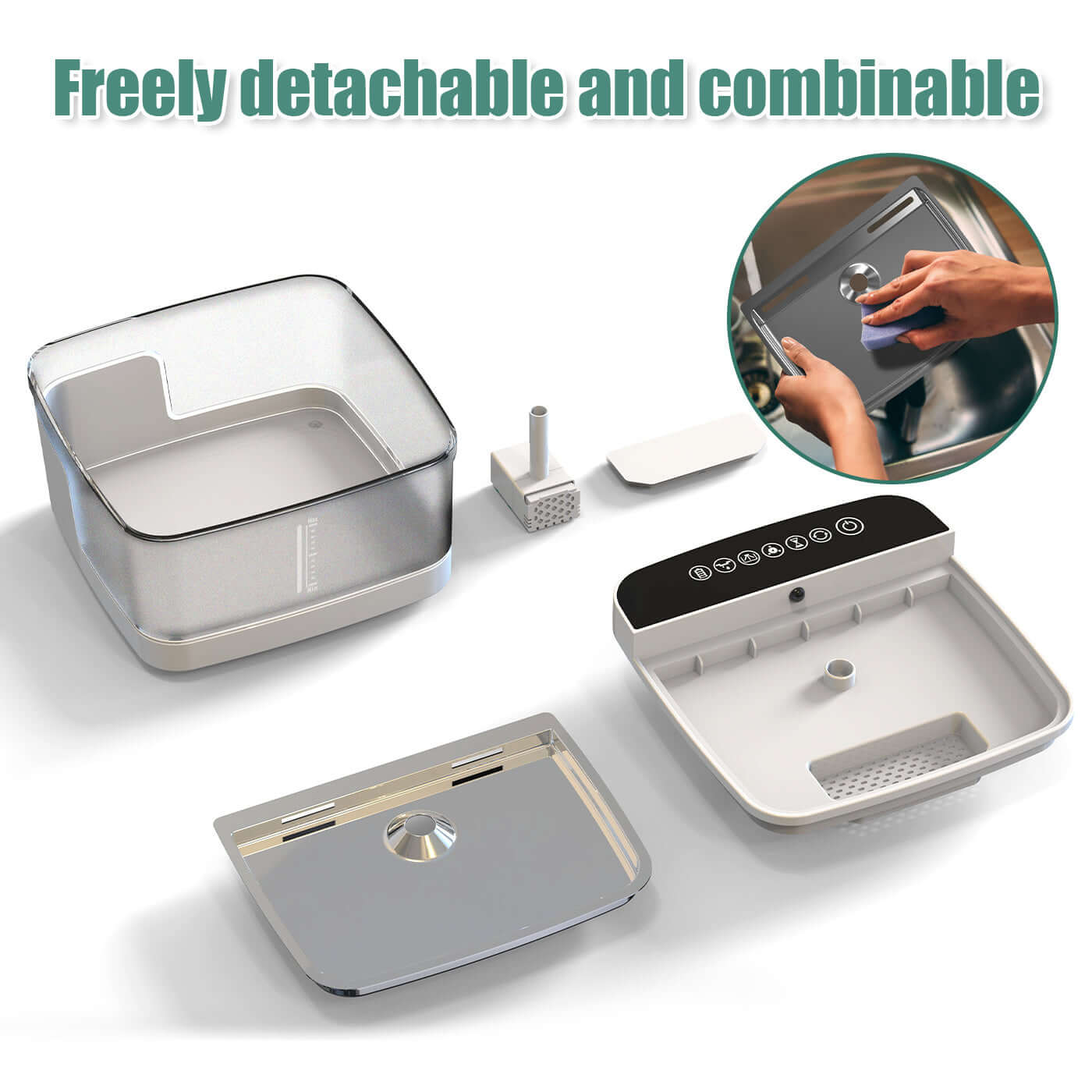Distributeur d'eau pour animaux, modèle détachable et combinable, avec accessoires pratiques.