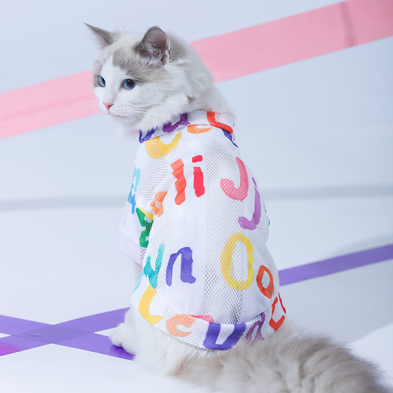 Chat portant un gilet antichute de poils coloré, élégant et confortable, avec motifs de lettres.