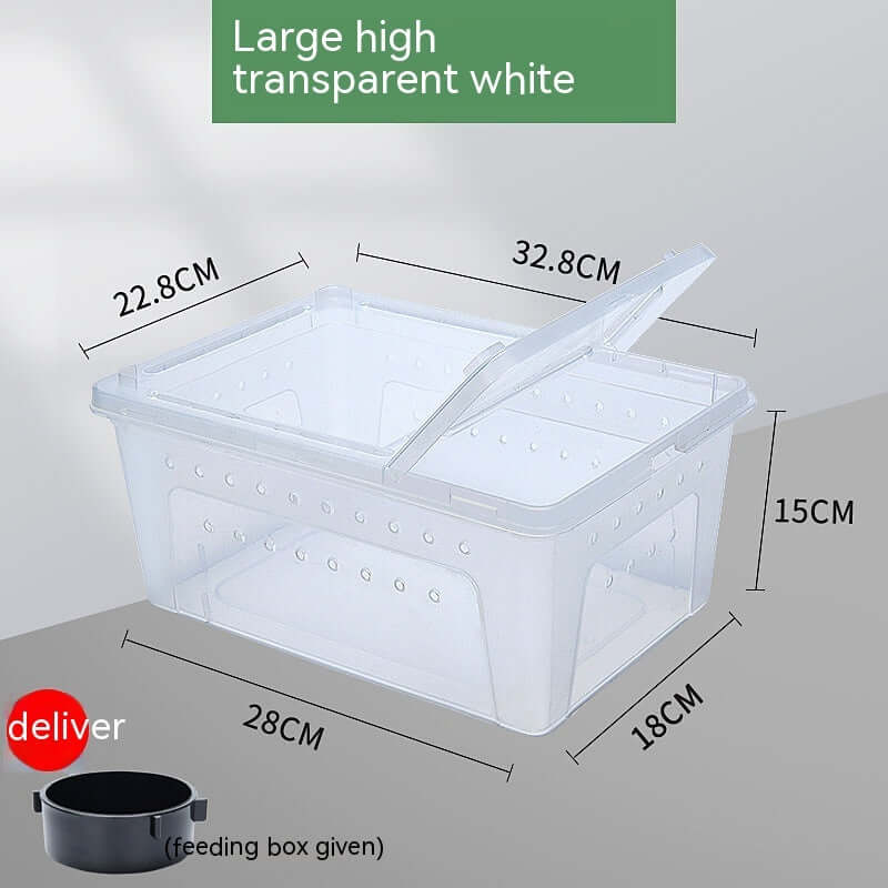 Large transparent storage box for turtle food, dimensions 32.8x22.8x15cm, ideal for terrarium enthusiasts.