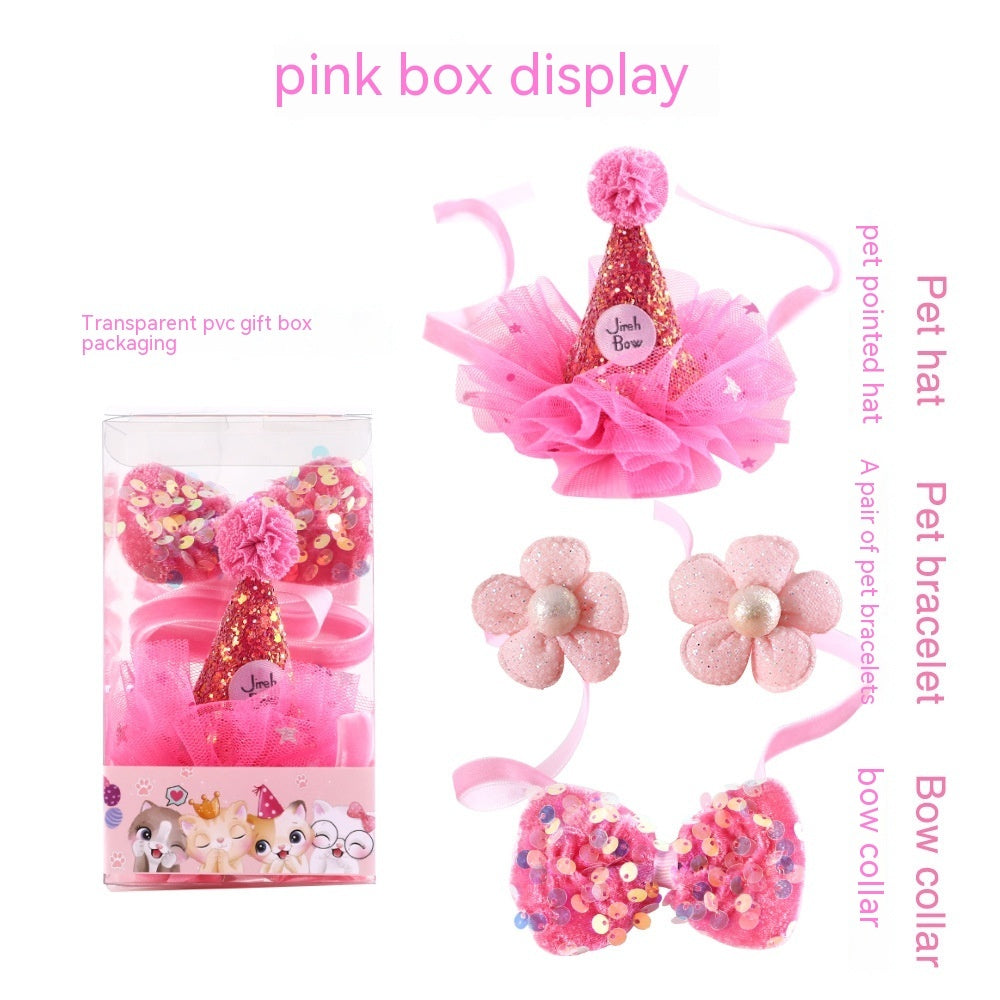 Chapeau d'anniversaire pour chat, nœud papillon, bracelet, emballage en PVC transparent, ensemble rose.