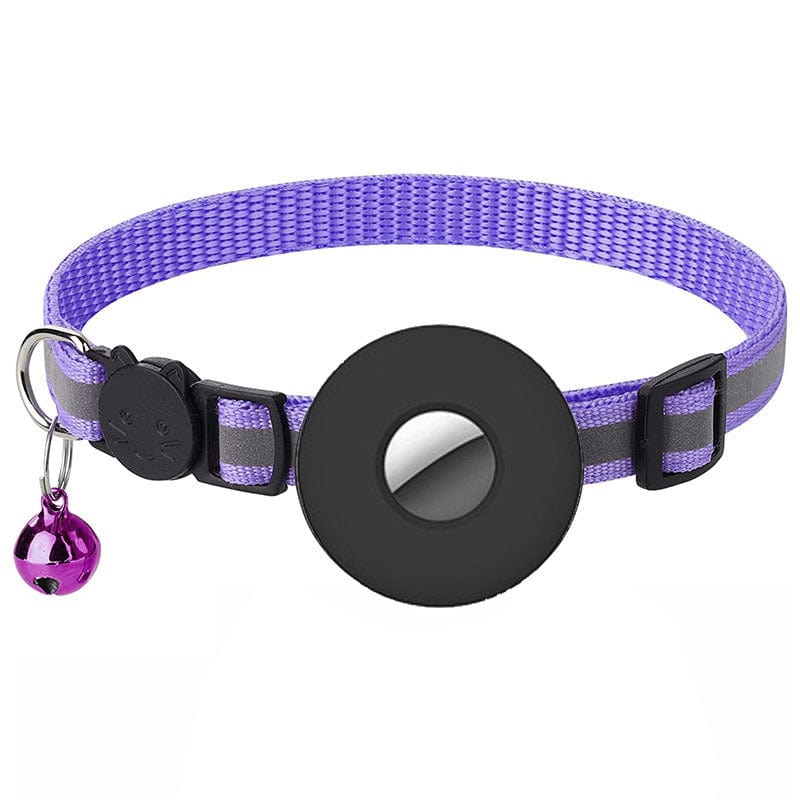 Collier pour animaux avec Airtag noir, cloche rose et design violet, parfait pour chiens et chats.
