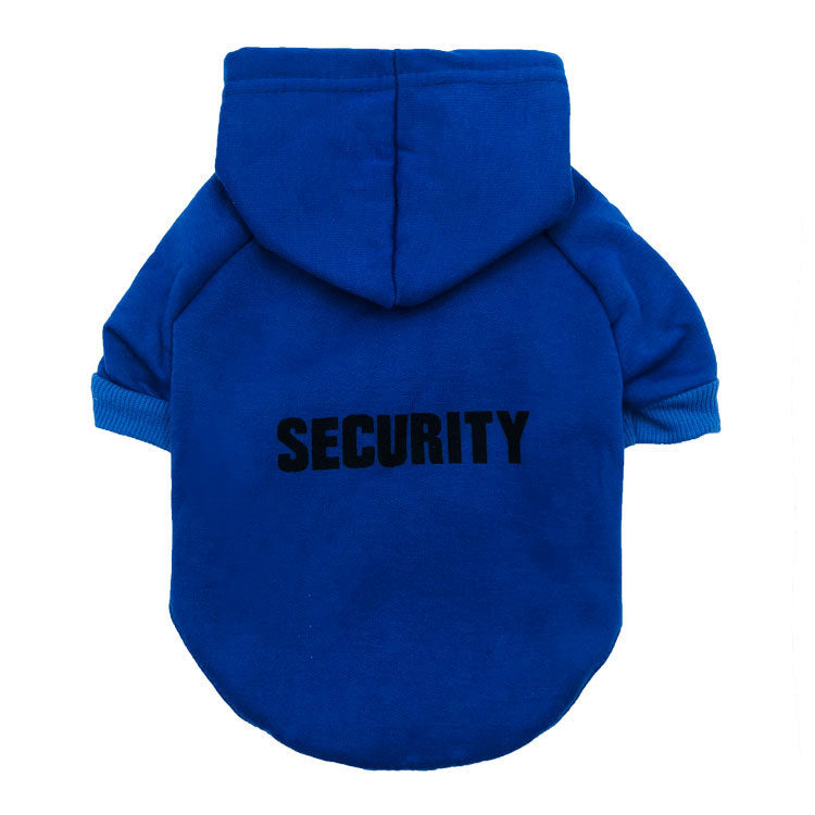 Sweat à capuche en polaire bleu pour chien avec inscription SECURITY au dos, idéal pour garder votre chien au chaud.
