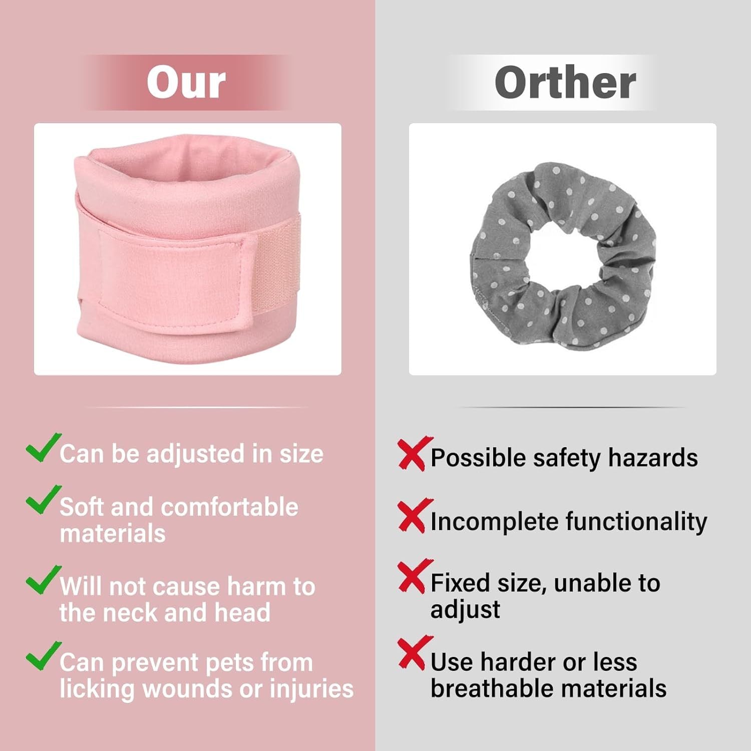 Comparison of pet recovery collars: adjustable and comfortable design vs. fixed size and safety hazards.