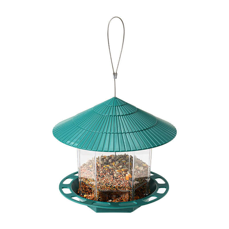Mangeoire transparente suspendue pour oiseaux de jardin, fabriquée en PP de haute qualité avec système d'alimentation automatique.