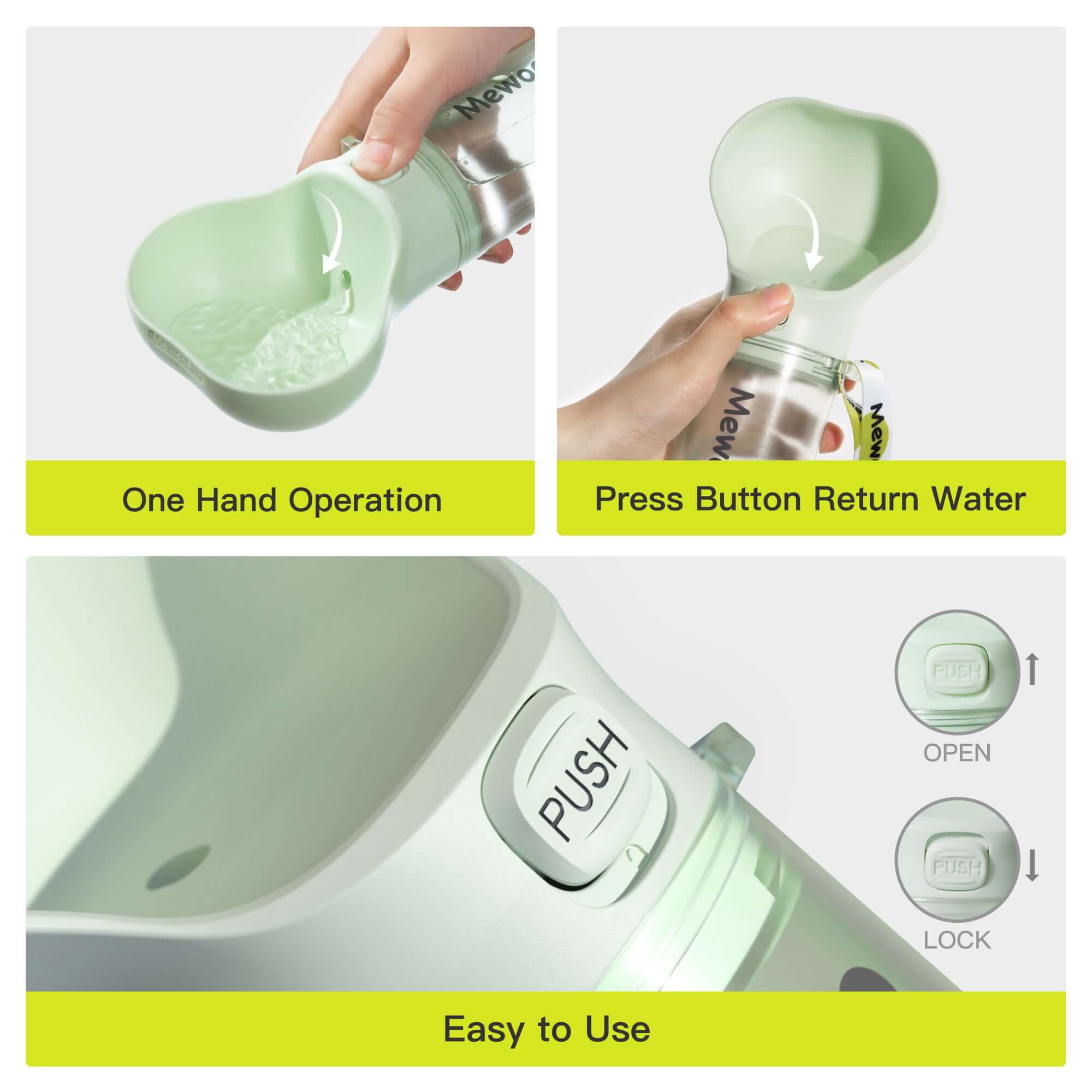 Mewoofun dog water bottle features: one-hand operation, press button to return water, easy to use design.
