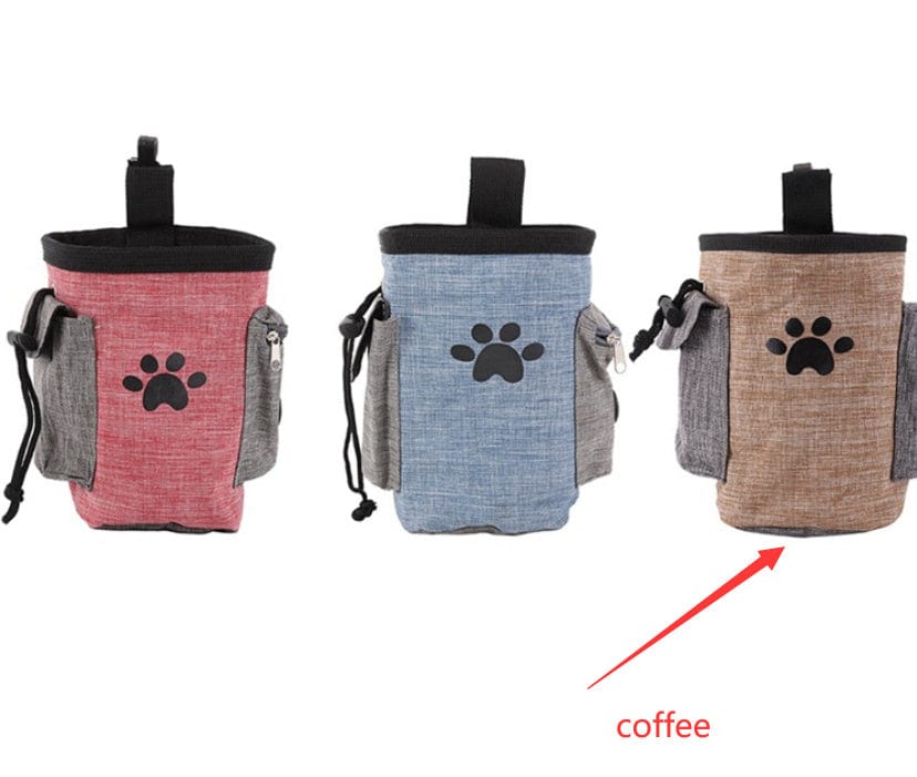 Sac à nourriture pour chien en tissu Oxford, disponible en rouge, bleu et beige, idéal pour transporter des friandises.