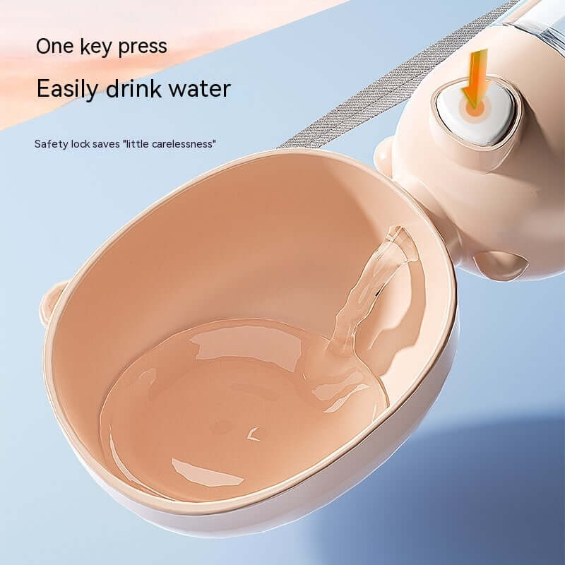 Bouteille d'eau portable pour chien avec distributeur pratique et verrou de sécurité, idéale pour les sorties en extérieur.