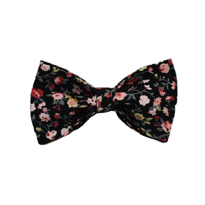 Collier pour chien avec nœud amovible en tissu noir à fleurs colorées, accessoire élégant pour animaux.