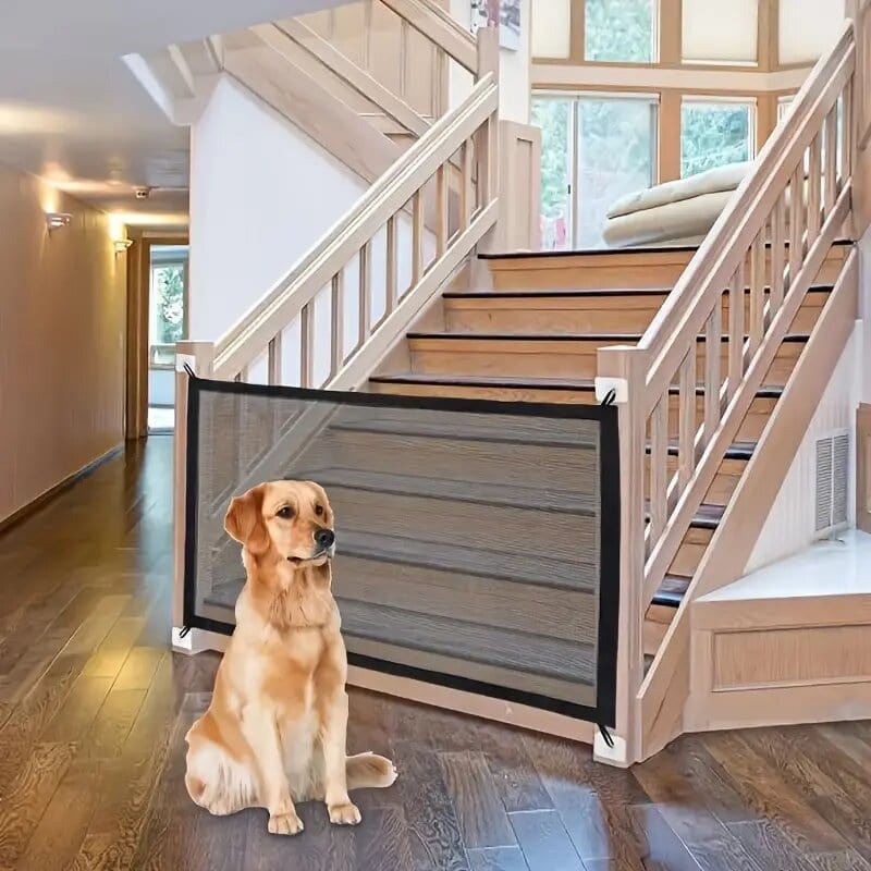 Réseau d'Isolation Portable pour Animaux de Compagnie, assurant la sécurité d'un chien doré devant un escalier.
