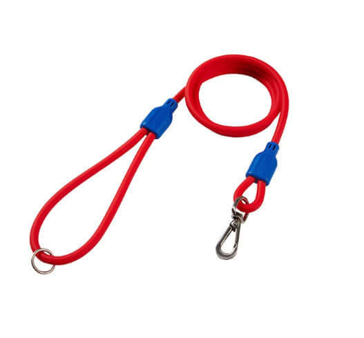 Laisse pour chien en PVC rouge et bleu, résistante à l'eau, idéale pour les promenades en extérieur.