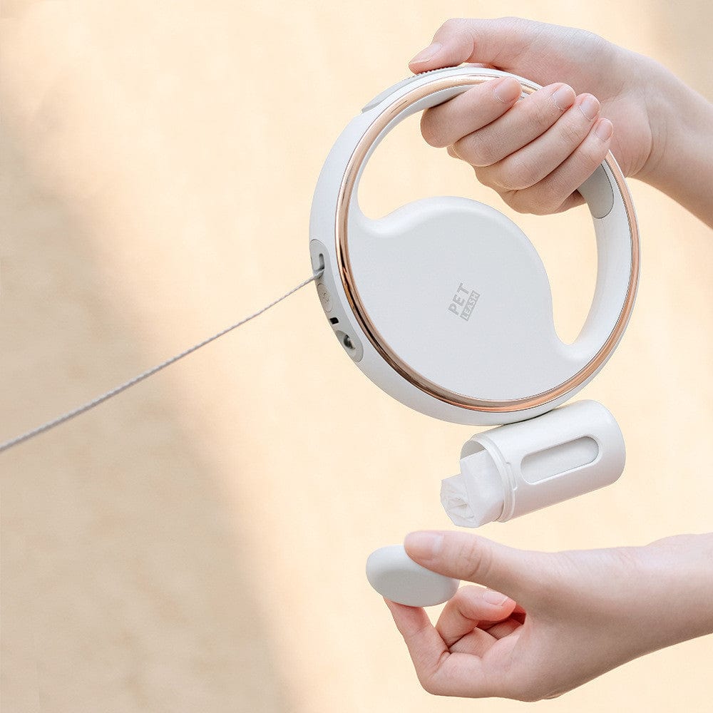 Laisse à chien rétractable avec éclairage automatique, conçue pour la sécurité lors des promenades nocturnes.