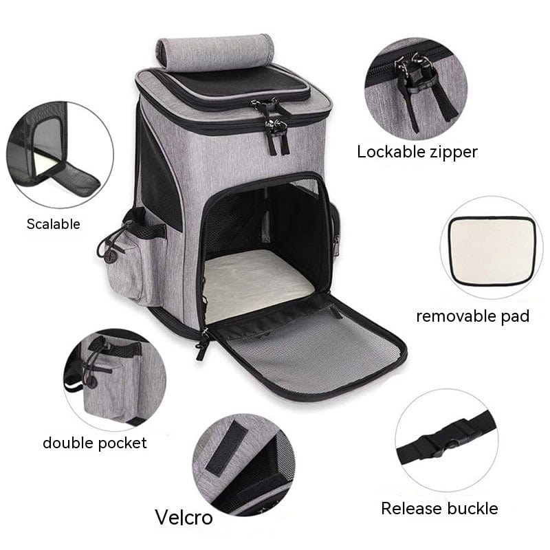 Sac à dos extensible pour animaux avec fermeture éclair, poches et intérieur rembourré.