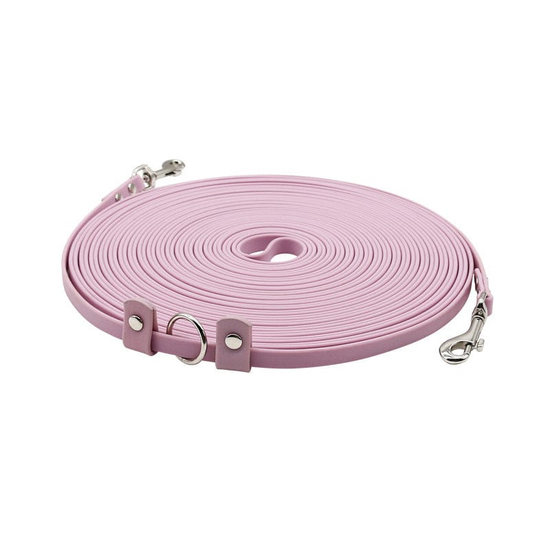 Laisse de traction double end étanche pour chiens, en PVC rose, résistante à l'usure, idéale pour les promenades.