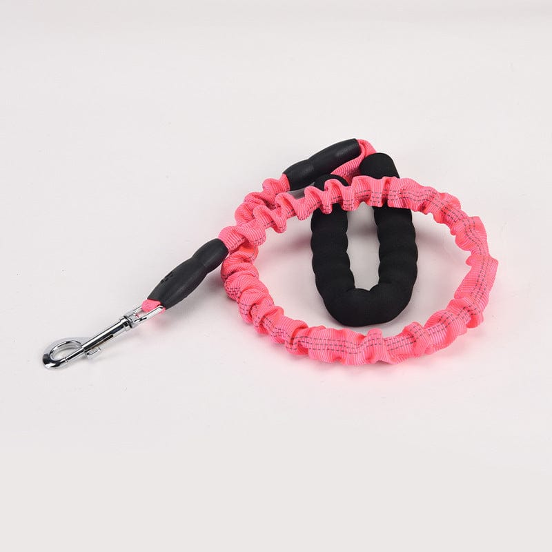 Laisse pour chien élastique rose avec poignée ergonomique, idéale pour les promenades quotidiennes.